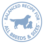 A blue badge with a small and a big dog because this type of pet food is suitable for all breeds and sizes