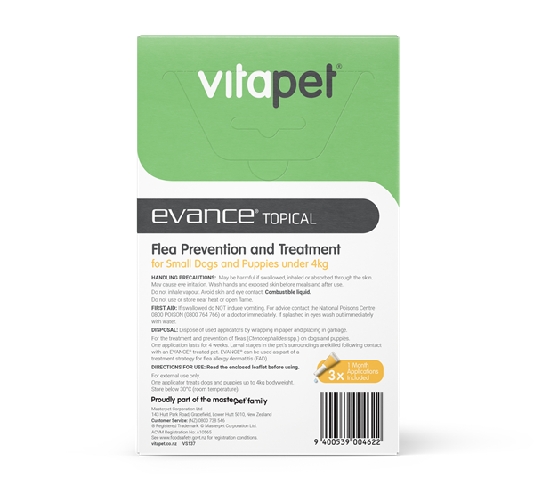 Flea Treatment for Dogs and Puppies under 4kg - Evance - Back of Pack
