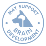 A blue logo indicating this product may support your dog's brain development